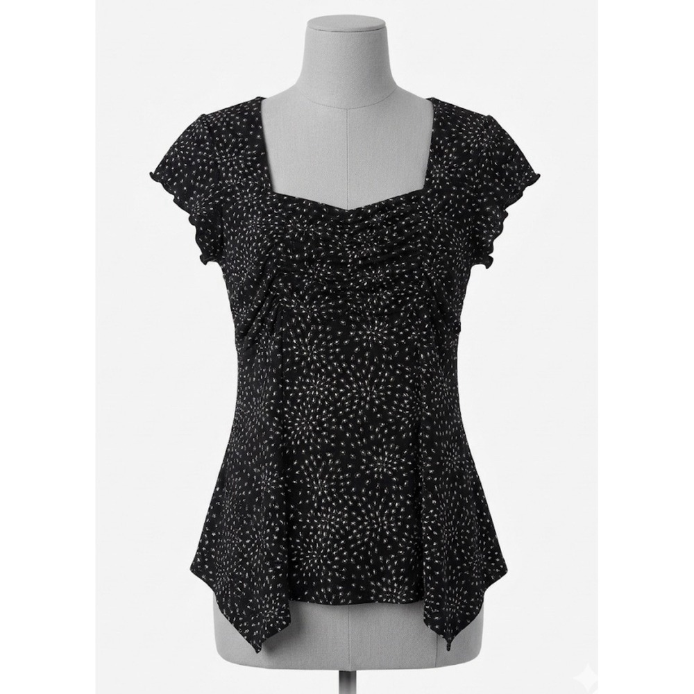 Vtg Dressbarn M Blk Sparkle Celestial Witchy Top Ruched Blouse Asymmetrical